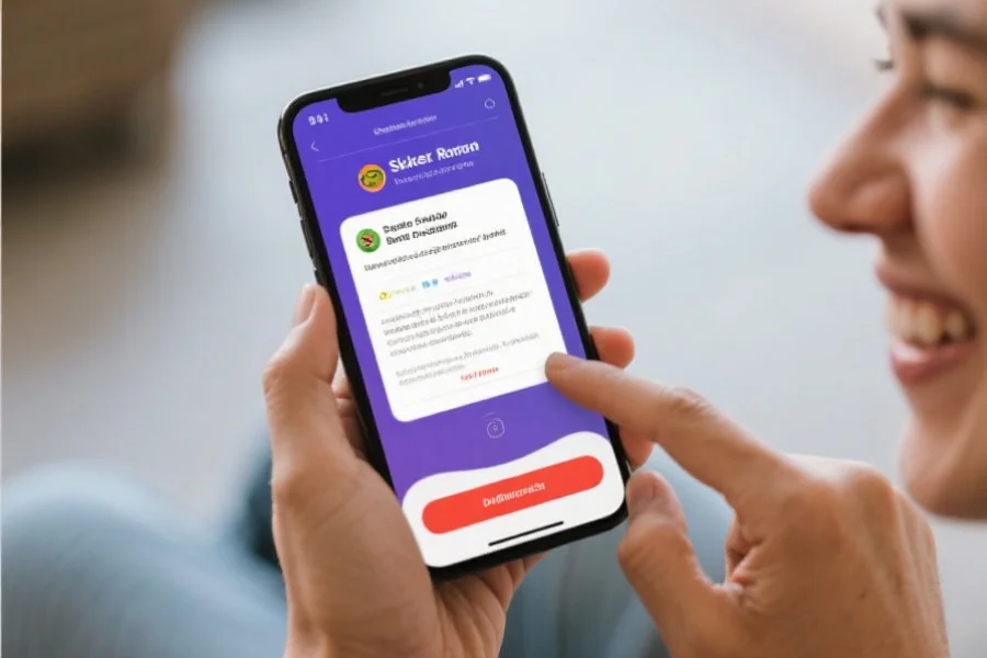 一只智能手机屏幕弹出开奖提醒通知，用户面带微笑查看信息